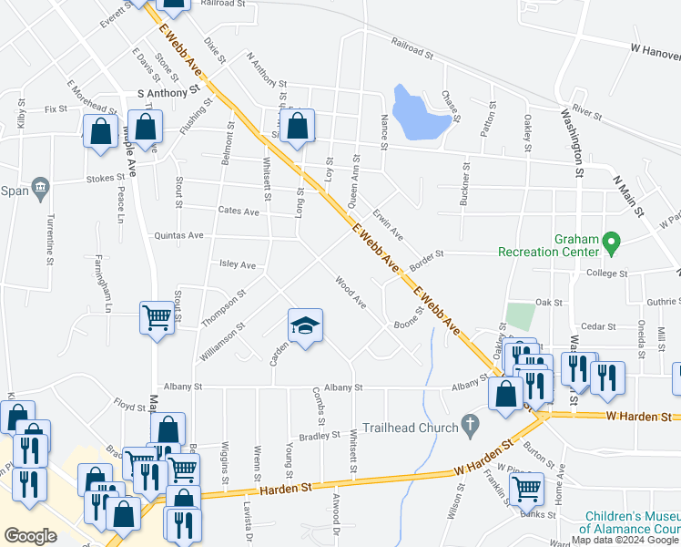 map of restaurants, bars, coffee shops, grocery stores, and more near 1718 Wood Avenue in Burlington
