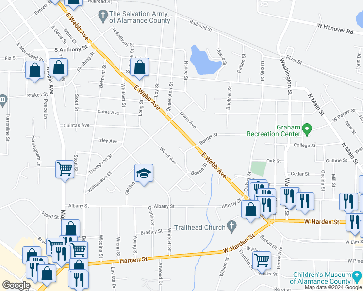 map of restaurants, bars, coffee shops, grocery stores, and more near 1732 Biltmore Street in Burlington