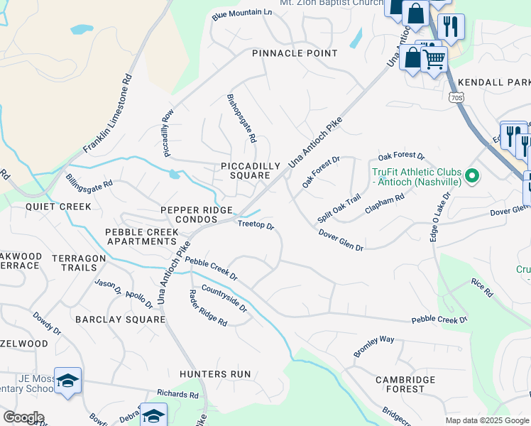 map of restaurants, bars, coffee shops, grocery stores, and more near 523 Shawa Trail in Nashville