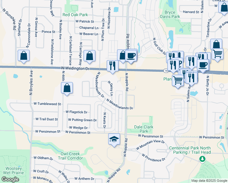 map of restaurants, bars, coffee shops, grocery stores, and more near 780 North Daisy Lane in Fayetteville
