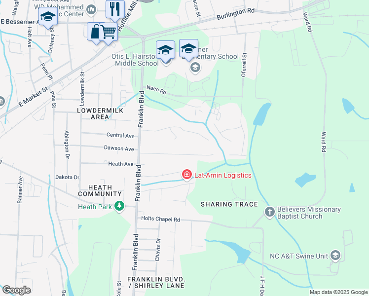map of restaurants, bars, coffee shops, grocery stores, and more near 3935 Eastland Avenue in Greensboro