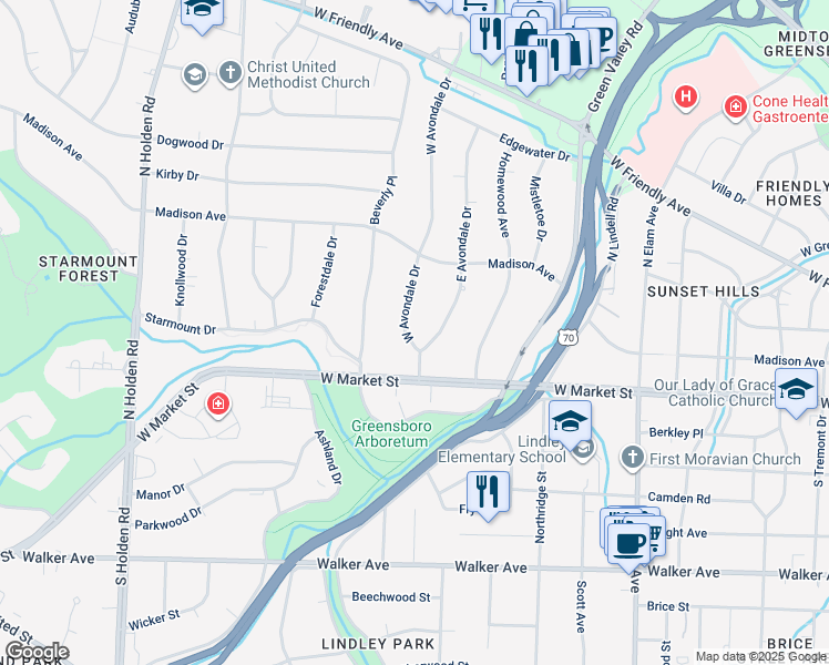 map of restaurants, bars, coffee shops, grocery stores, and more near 102 West Avondale Drive in Greensboro