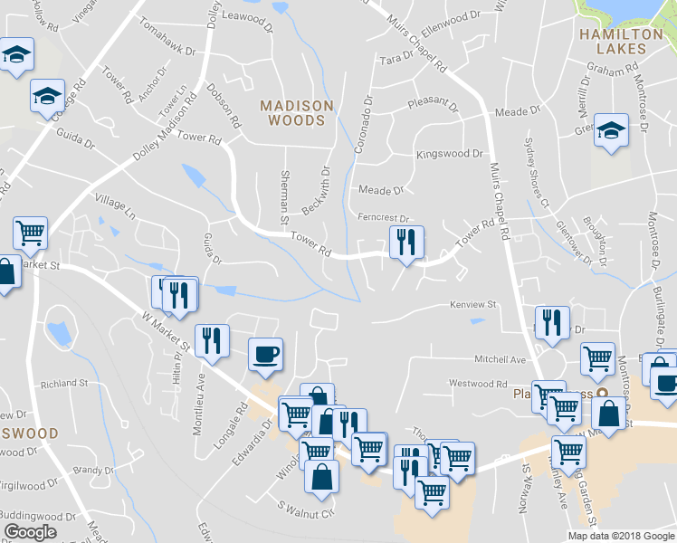 map of restaurants, bars, coffee shops, grocery stores, and more near 5003 Tower Road in Greensboro