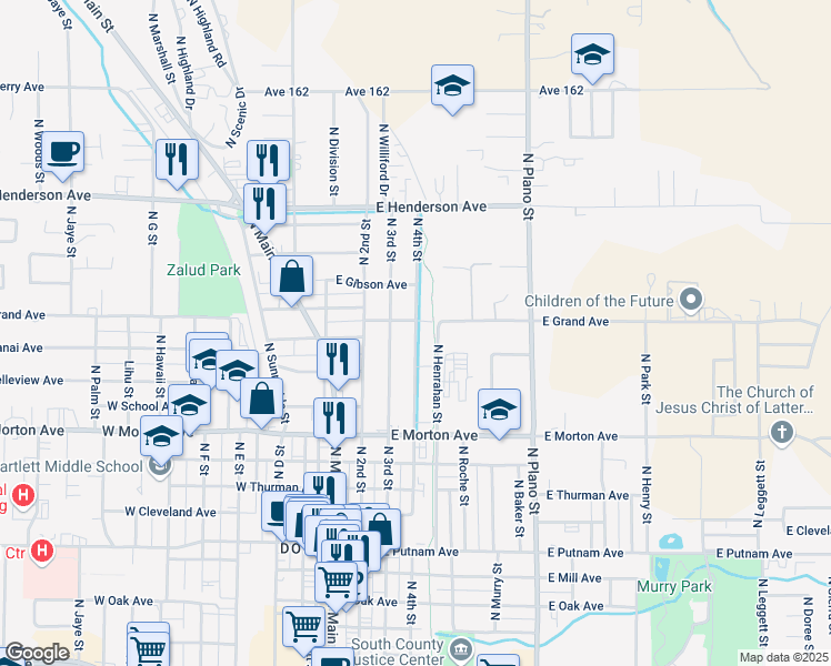 map of restaurants, bars, coffee shops, grocery stores, and more near 578 North 4th Street in Porterville