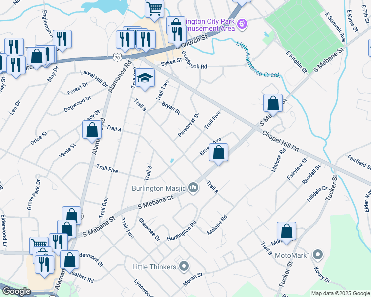 map of restaurants, bars, coffee shops, grocery stores, and more near 322 Trail 8 in Burlington