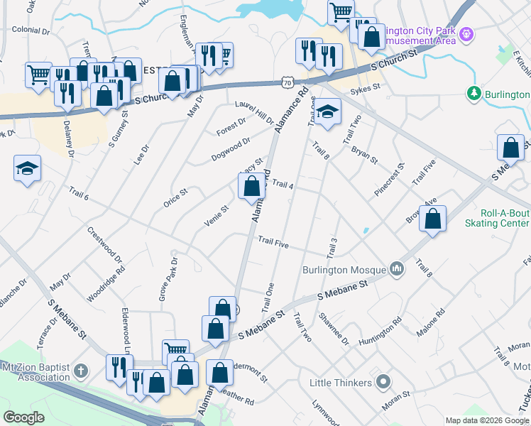 map of restaurants, bars, coffee shops, grocery stores, and more near 411 Alamance Road in Burlington