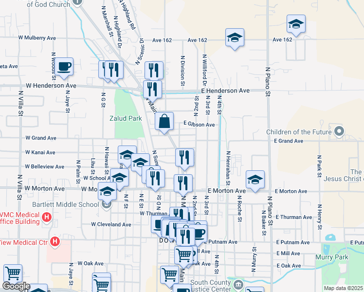 map of restaurants, bars, coffee shops, grocery stores, and more near 574 North Division Street in Porterville