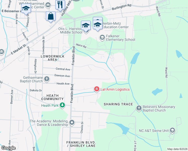 map of restaurants, bars, coffee shops, grocery stores, and more near 3935 Eastland Avenue in Greensboro