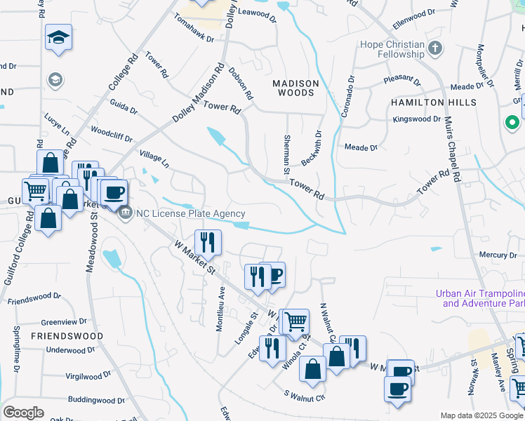 map of restaurants, bars, coffee shops, grocery stores, and more near 5305 Guida Drive in Greensboro