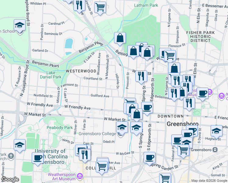 map of restaurants, bars, coffee shops, grocery stores, and more near 612 Fairmont Street in Greensboro