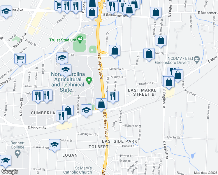 map of restaurants, bars, coffee shops, grocery stores, and more near 216 Marshall Street in Greensboro
