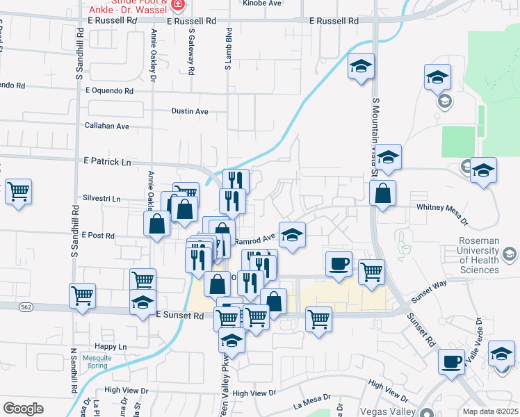 map of restaurants, bars, coffee shops, grocery stores, and more near 2120 Ramrod Avenue in Henderson