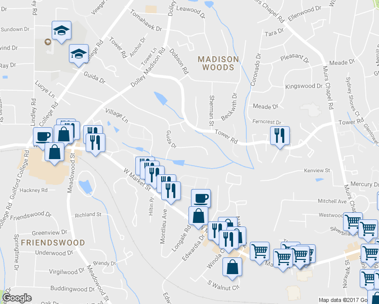 map of restaurants, bars, coffee shops, grocery stores, and more near 5307 Guida Drive in Greensboro