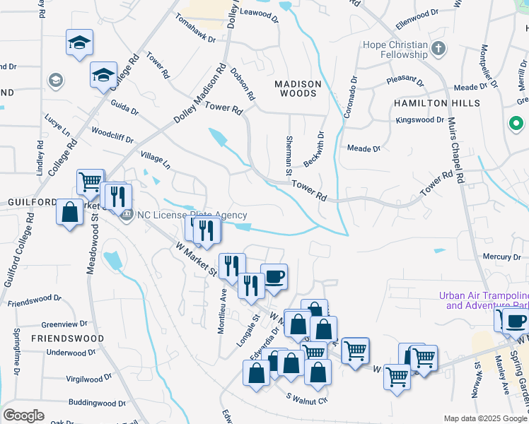 map of restaurants, bars, coffee shops, grocery stores, and more near 5305 Guida Drive in Greensboro