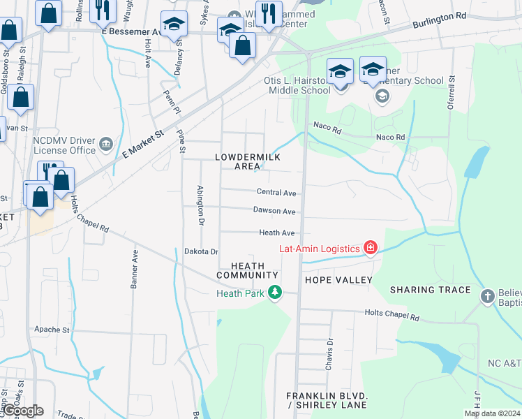 map of restaurants, bars, coffee shops, grocery stores, and more near 3800 Dawson Avenue in Greensboro