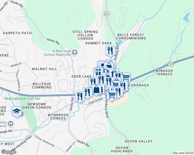 map of restaurants, bars, coffee shops, grocery stores, and more near 142 Belle Forest Circle in Nashville