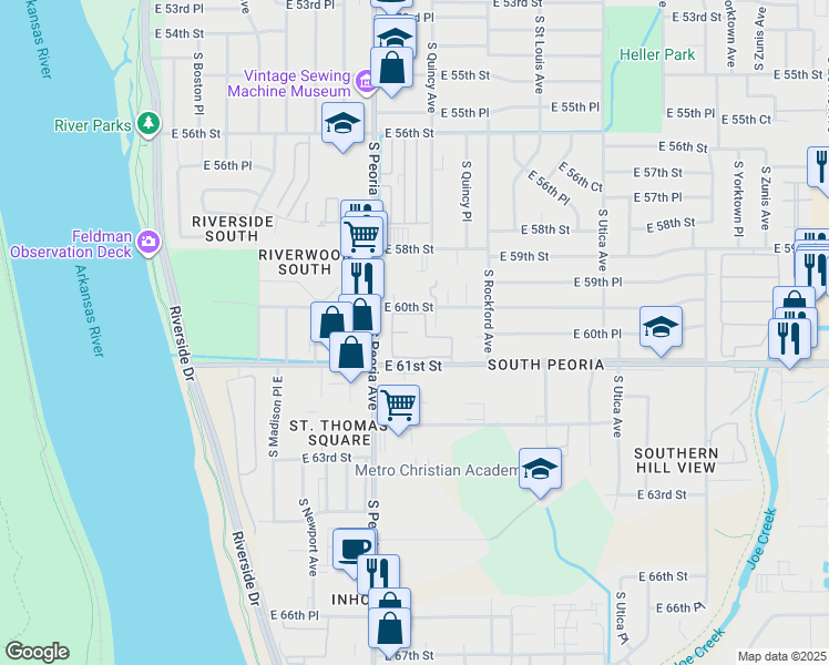 map of restaurants, bars, coffee shops, grocery stores, and more near 1337 East 61st Street in Tulsa