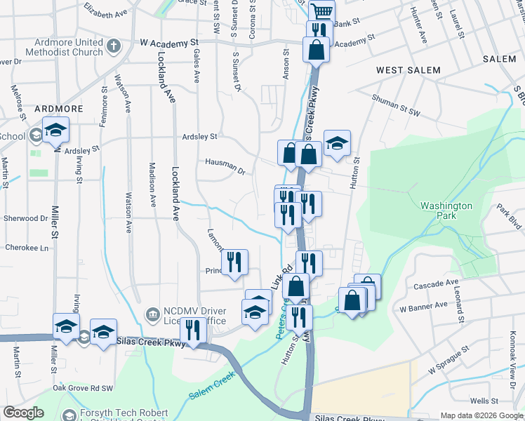 map of restaurants, bars, coffee shops, grocery stores, and more near 1547 Sunbridge Court in Winston-Salem