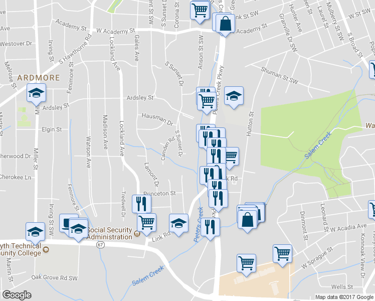 map of restaurants, bars, coffee shops, grocery stores, and more near 1547 Sunbridge Court in Winston-Salem