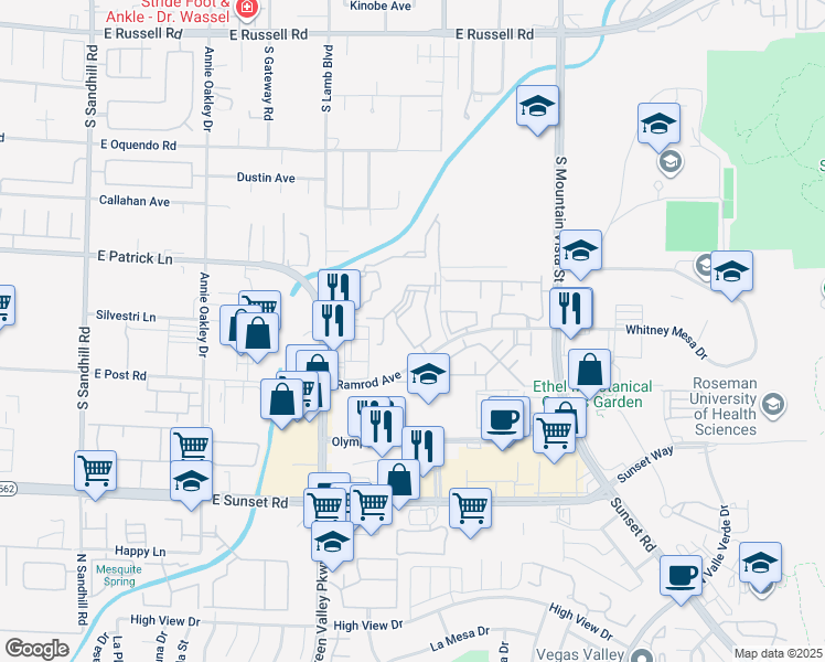 map of restaurants, bars, coffee shops, grocery stores, and more near 2120 Ramrod Avenue in Henderson