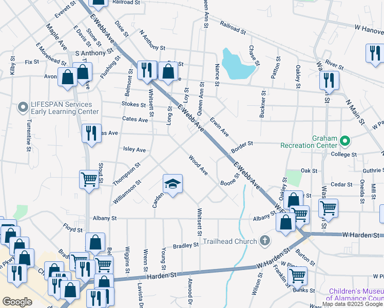 map of restaurants, bars, coffee shops, grocery stores, and more near 1716 Wood Avenue in Burlington