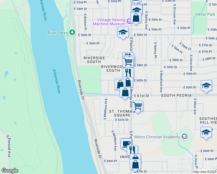 map of restaurants, bars, coffee shops, grocery stores, and more near 6021 South Madison Place in Tulsa