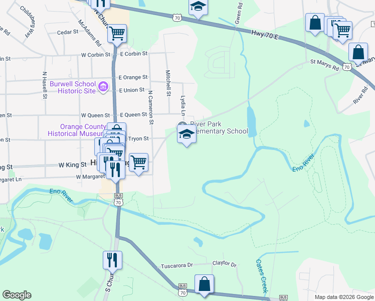 map of restaurants, bars, coffee shops, grocery stores, and more near 240 Saint Marys Road in Hillsborough