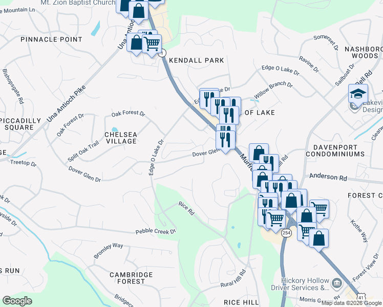map of restaurants, bars, coffee shops, grocery stores, and more near 350 Dover Glen Drive in Nashville