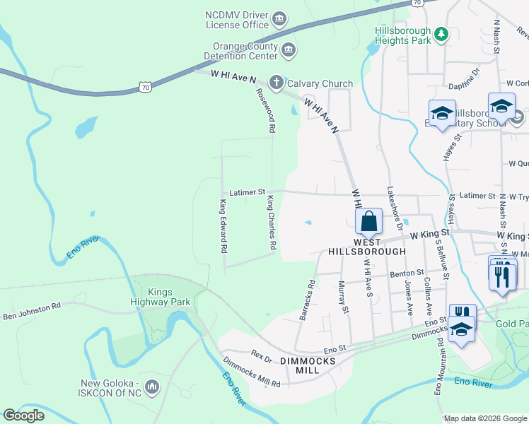 map of restaurants, bars, coffee shops, grocery stores, and more near 130 King Charles Road in Hillsborough