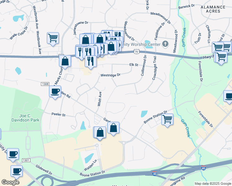 map of restaurants, bars, coffee shops, grocery stores, and more near 404 Collinwood Dr in Burlington