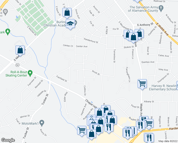 map of restaurants, bars, coffee shops, grocery stores, and more near 815 Scott Street in Burlington