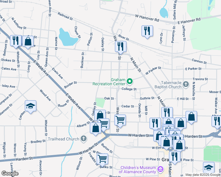 map of restaurants, bars, coffee shops, grocery stores, and more near 592 North Street in Graham