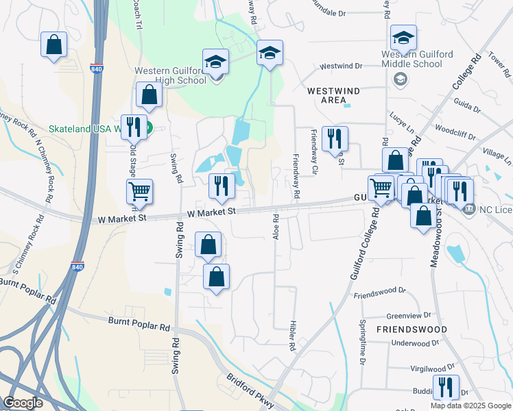map of restaurants, bars, coffee shops, grocery stores, and more near in Greensboro