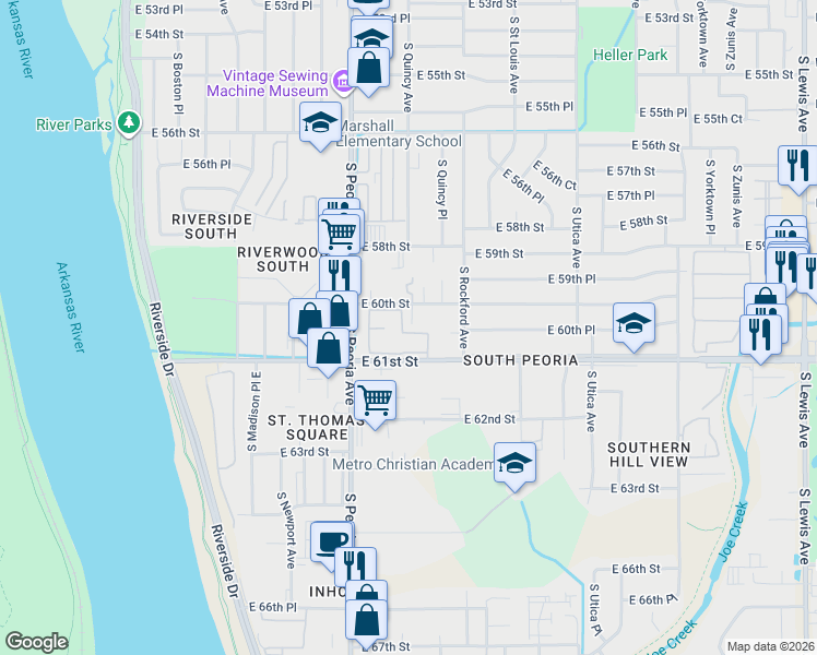 map of restaurants, bars, coffee shops, grocery stores, and more near 6016 South Quincy Avenue in Tulsa