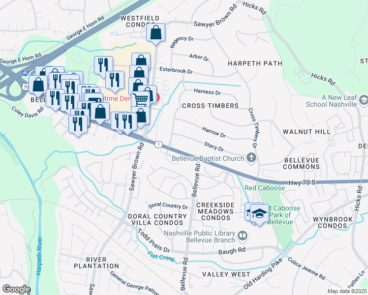 map of restaurants, bars, coffee shops, grocery stores, and more near 7476 U.S. 70S in Nashville