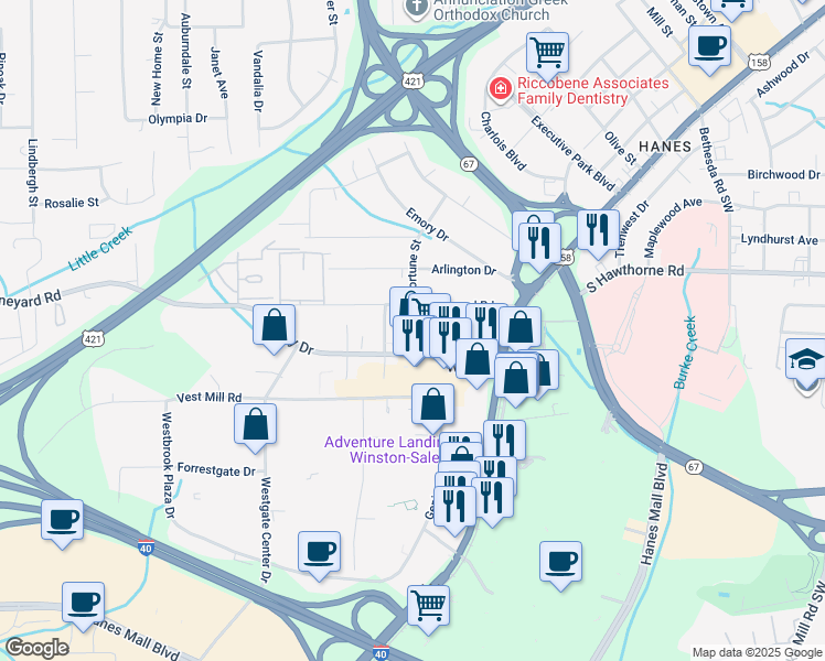 map of restaurants, bars, coffee shops, grocery stores, and more near 1414 Plaza Drive in Winston-Salem