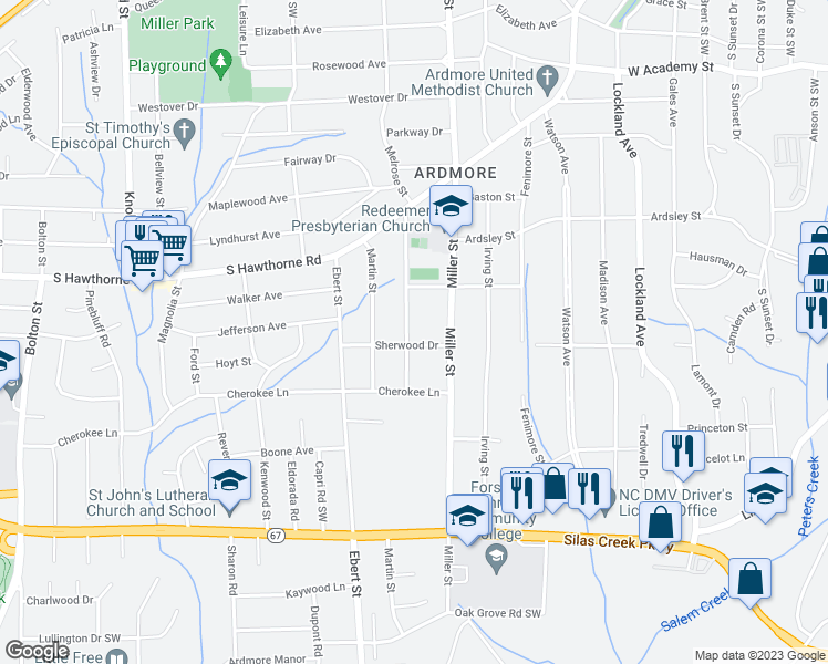 map of restaurants, bars, coffee shops, grocery stores, and more near 1131 Melrose Street in Winston-Salem
