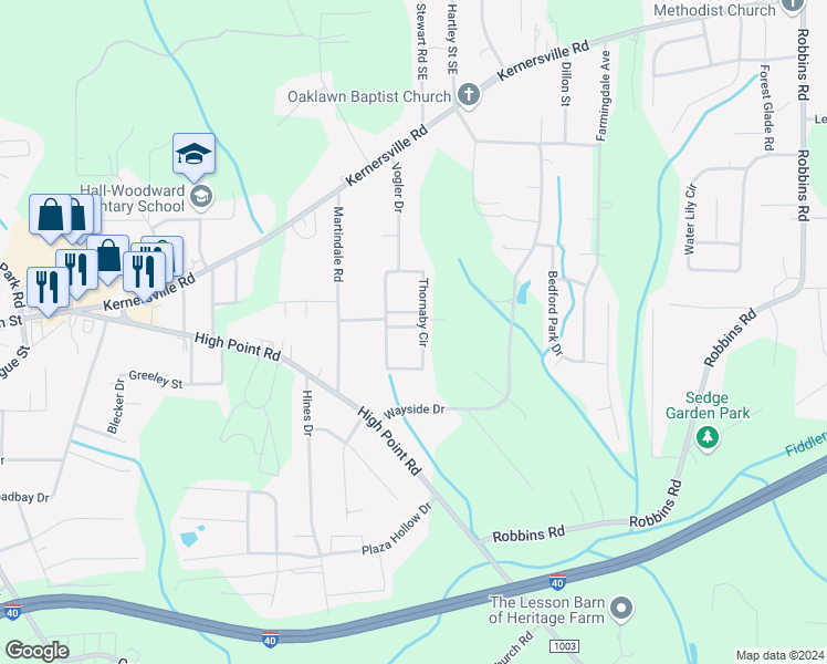 map of restaurants, bars, coffee shops, grocery stores, and more near 140 Denby Drive in Winston-Salem