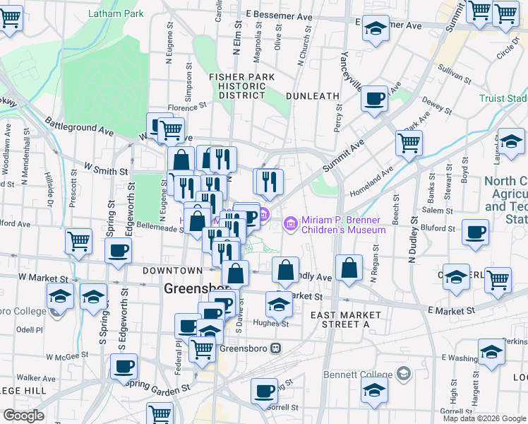 map of restaurants, bars, coffee shops, grocery stores, and more near 305 Church Court in Greensboro