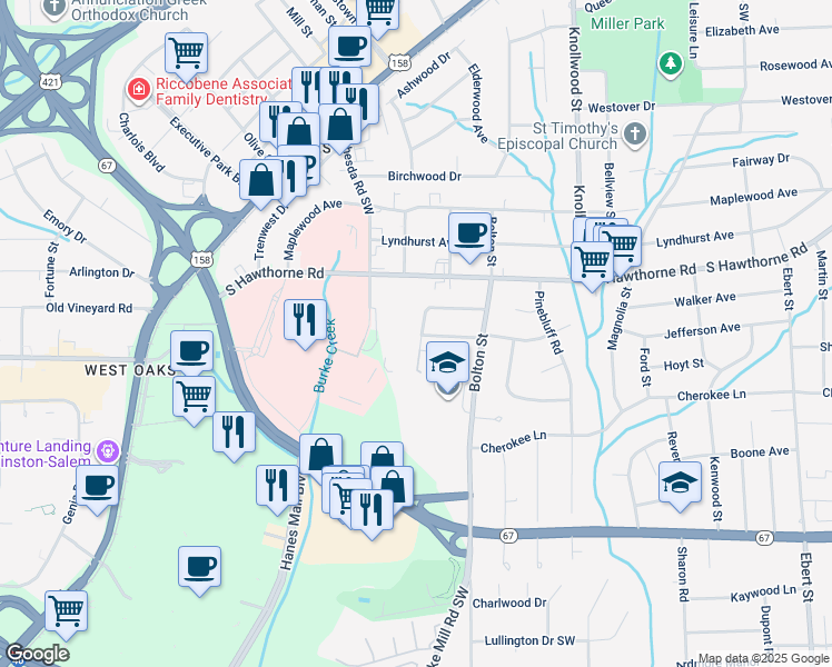 map of restaurants, bars, coffee shops, grocery stores, and more near 2859 Hermitage Drive in Winston-Salem