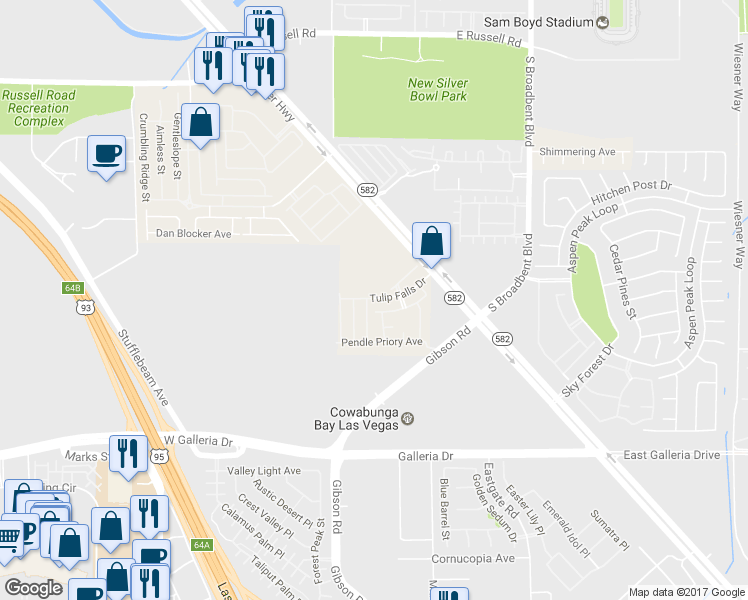 map of restaurants, bars, coffee shops, grocery stores, and more near 6670 Tulip Falls Drive in Henderson