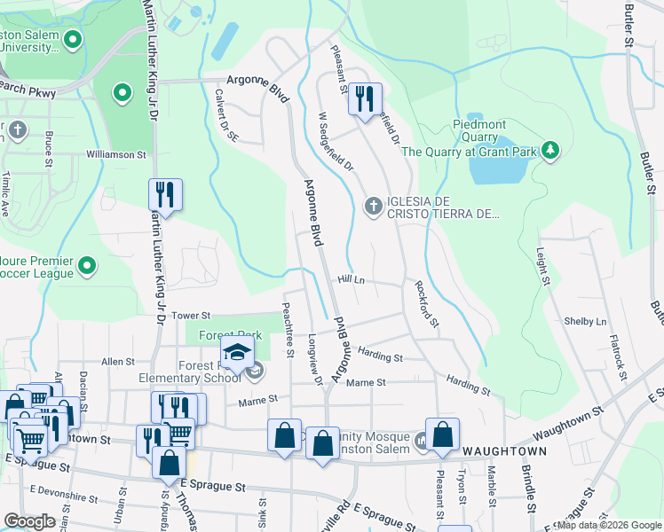 map of restaurants, bars, coffee shops, grocery stores, and more near 1532 Argonne Boulevard in Winston-Salem