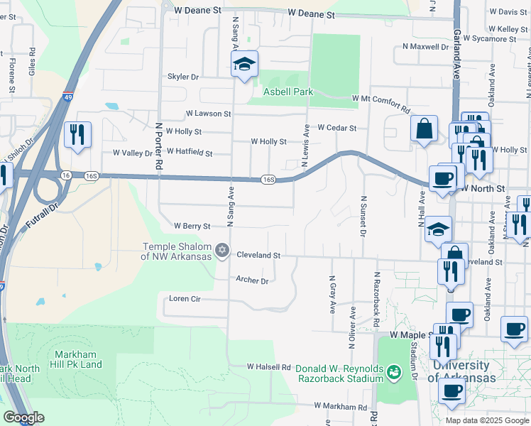 map of restaurants, bars, coffee shops, grocery stores, and more near 1915 West Ora Drive in Fayetteville