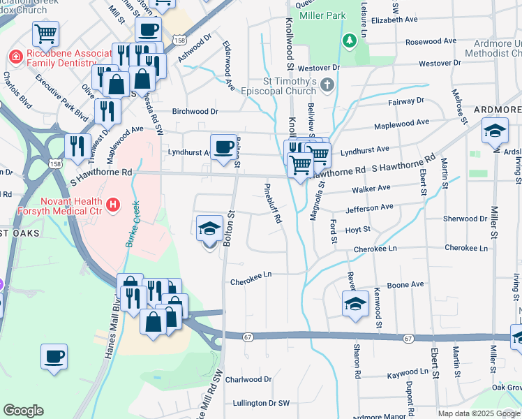 map of restaurants, bars, coffee shops, grocery stores, and more near 1126 Pinebluff Road in Winston-Salem