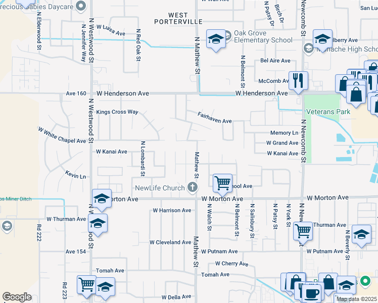 map of restaurants, bars, coffee shops, grocery stores, and more near 592 Balmoral Way in Porterville