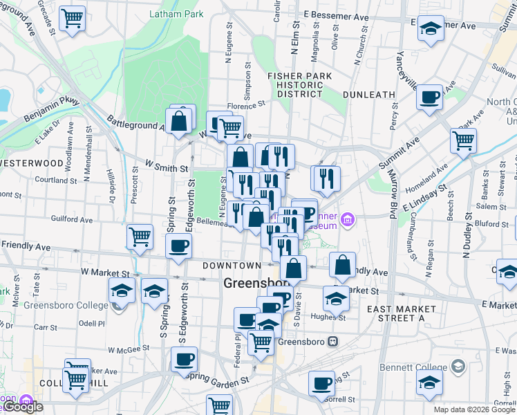 map of restaurants, bars, coffee shops, grocery stores, and more near 333 North Greene Street in Greensboro