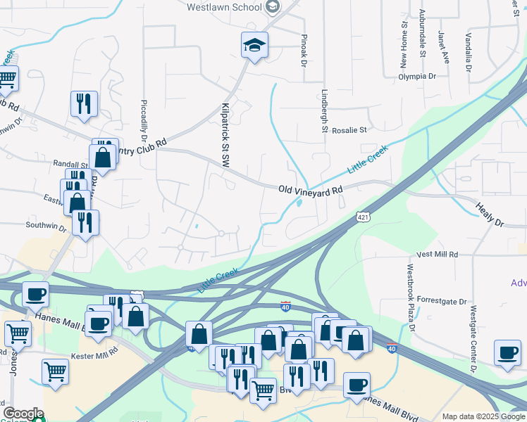 map of restaurants, bars, coffee shops, grocery stores, and more near 301 Vineyard Park Court in Winston-Salem