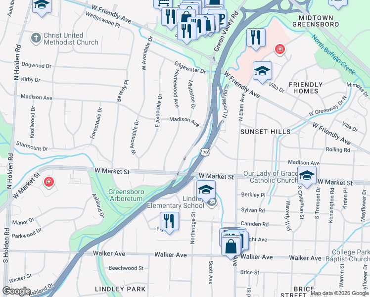map of restaurants, bars, coffee shops, grocery stores, and more near 110 Homewood Avenue in Greensboro