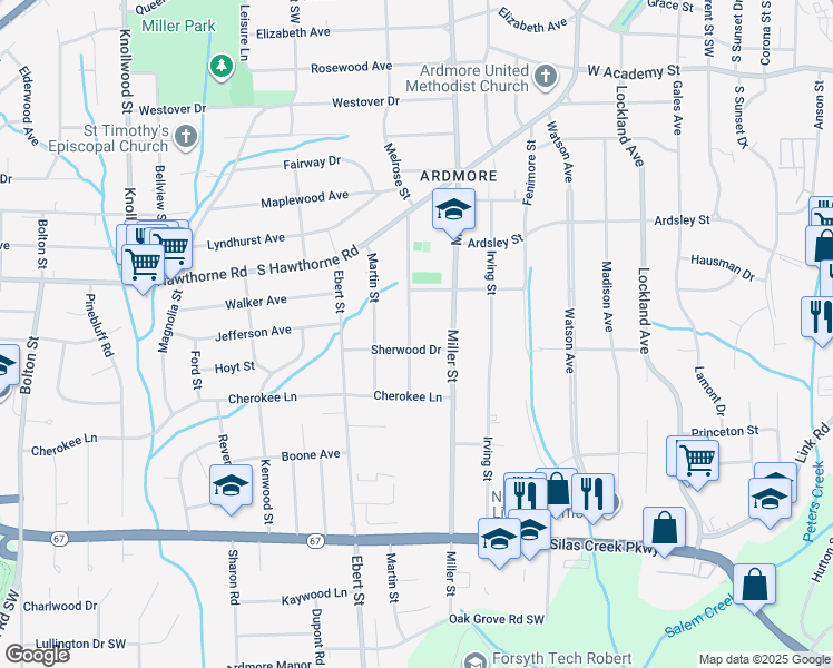 map of restaurants, bars, coffee shops, grocery stores, and more near 1131 Melrose Street in Winston-Salem