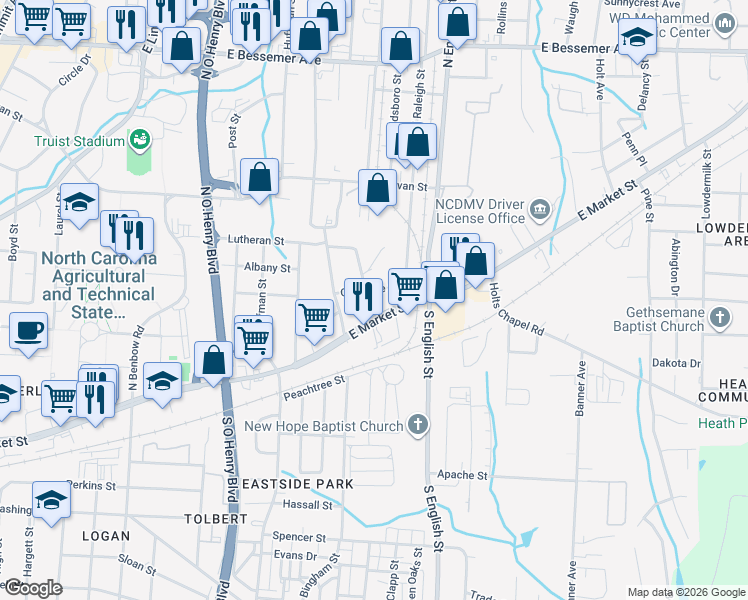 map of restaurants, bars, coffee shops, grocery stores, and more near in Greensboro